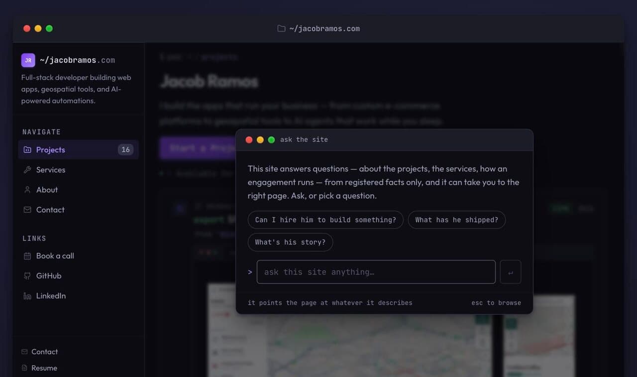 jacobramos.com with its assistant open: it answers from registered facts only