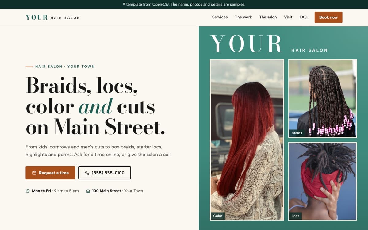 Screenshot of the Hair salon template