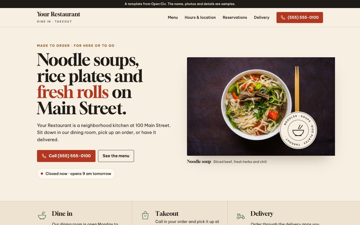 Screenshot of the Restaurant and takeout template