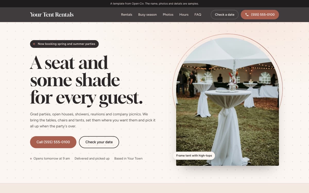 Tent and table rentals website template