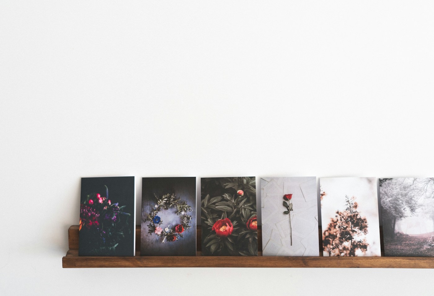 Six flower print cards standing on a wooden picture ledge
